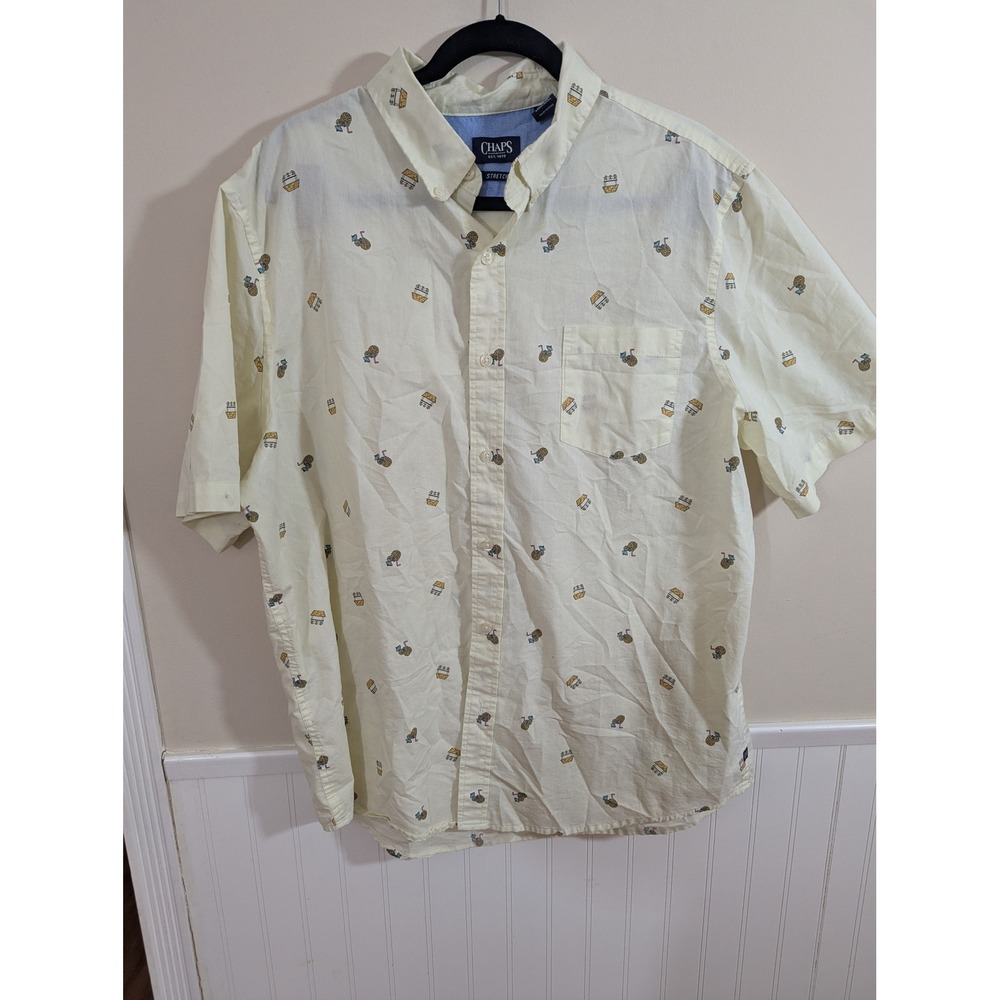 Chaps Mens XXL Yellow Pineapple Beach Bar Print Short Sleeve Stretch Button Down